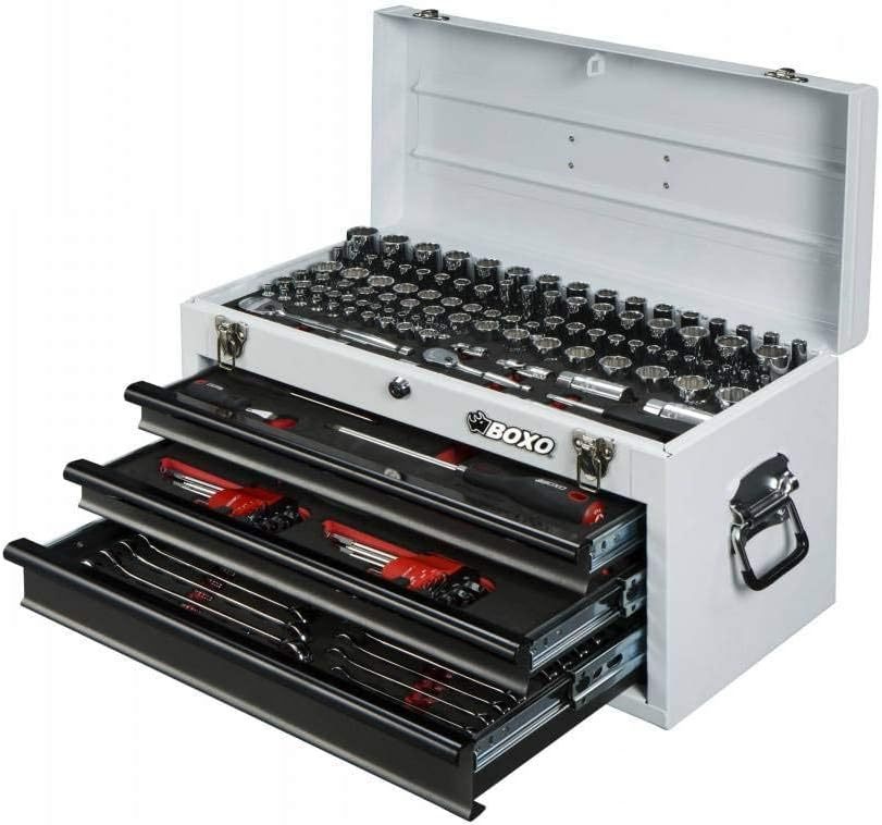 Boxo USA Heavy Duty 185 piezas métricas y SAE juego de herramientas con 3 cajones caja de transporte-herramienta