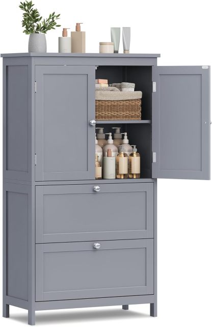 VASAGLE Mueble de Baño, Armario de Baño, Armario de Cocina, con 2 Puertas y 2 Cajones, Estantes Ajustables, 30 x 60 x 110 cm, Gris Paloma MBBC551G02