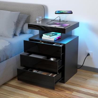 Mesita de Noche Inteligente con Luz LED Ajustable, 3 Cajones, Tapa Deslizante, Puertos USB y Tomas de Corriente, 45x35x68cm, Estación de Carga para Recámara, Negro