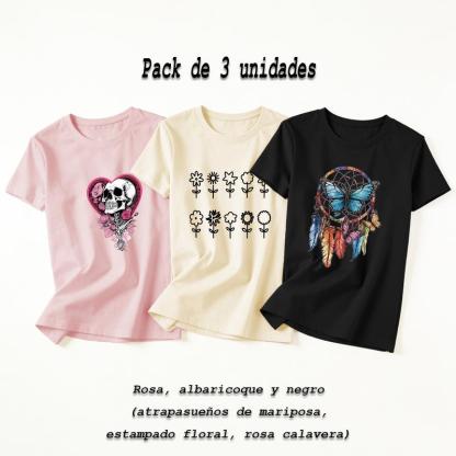 Camiseta de manga corta con cuello redondo elástico para mujer, ideal para llevar en casa o salir, muy versátil y práctica (pack de 3)