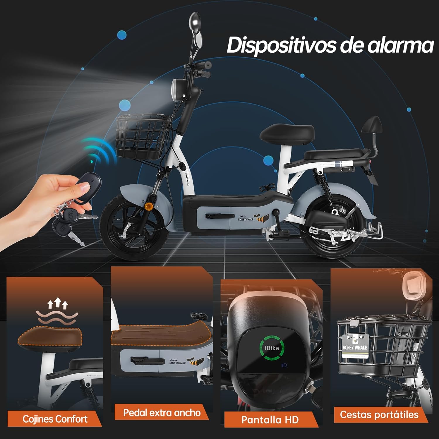 HONEYWHALE U1s Bicicleta eléctrica para adultos, bicicleta eléctrica con alarma, motor máximo 650W, velocidad máxima 31KM/H, autónoma 60-65KM, batería de gran capacidad 20AH, dos asientos