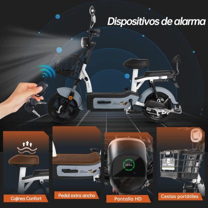 HONEYWHALE U1s Bicicleta eléctrica para adultos, bicicleta eléctrica con alarma, motor máximo 650W, velocidad máxima 31KM/H, autónoma 60-65KM, batería de gran capacidad 20AH, dos asientos