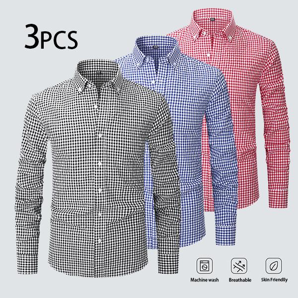 【3PCS】Men's plaid shirt; casual daily breathable long-sleeved stretch button-down collar men's coat. camisas mangalarga para hombres Menswear Top