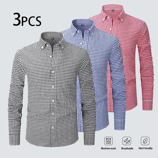 【3PCS】Men's plaid shirt; casual daily breathable long-sleeved stretch button-down collar men's coat. camisas mangalarga para hombres Menswear Top
