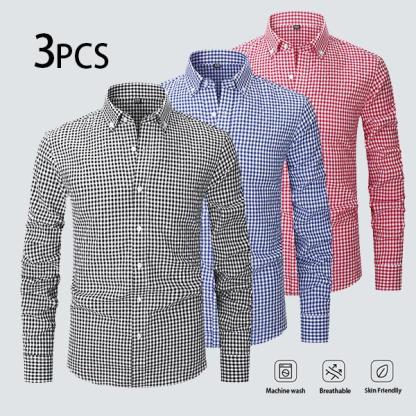 【3PCS】Men's plaid shirt; casual daily breathable long-sleeved stretch button-down collar men's coat. camisas mangalarga para hombres Menswear Top