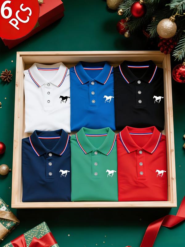 Conjunto de polos para hombre, ropa casual de hogar y moda, manga corta de color sólido con estampado de caballo, cuello contrastante, tejido transpirable, ideal para uso diario y golf
