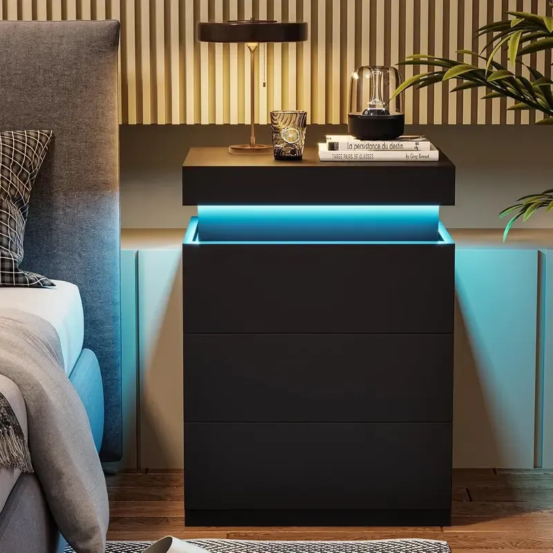 [Rebajas de verano] Mesita de noche Sikaic con estación de carga y luces LED, mesita de noche con tapa deslizante para dormitorio, mesita de noche con cajones, mesa auxiliar moderna, muebles para el hogar, artículos esenciales para residencias estudiantil
