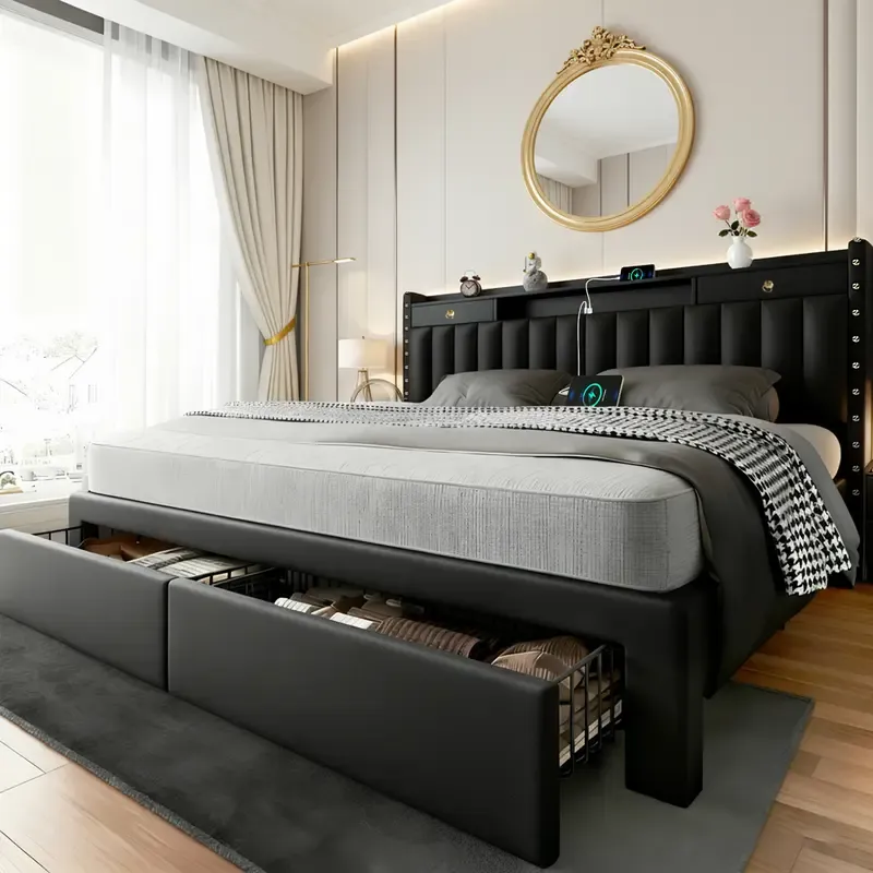 Estructura de cama TryLazy Furniture con 4 cajones y 2 puertos de carga USB y 1 puerto de carga tipo C, sin colchón, estructura de cama tapizada con cabecero con almacenamiento, no requiere somier, fácil montaje, tamaño matrimonial/queen/king.