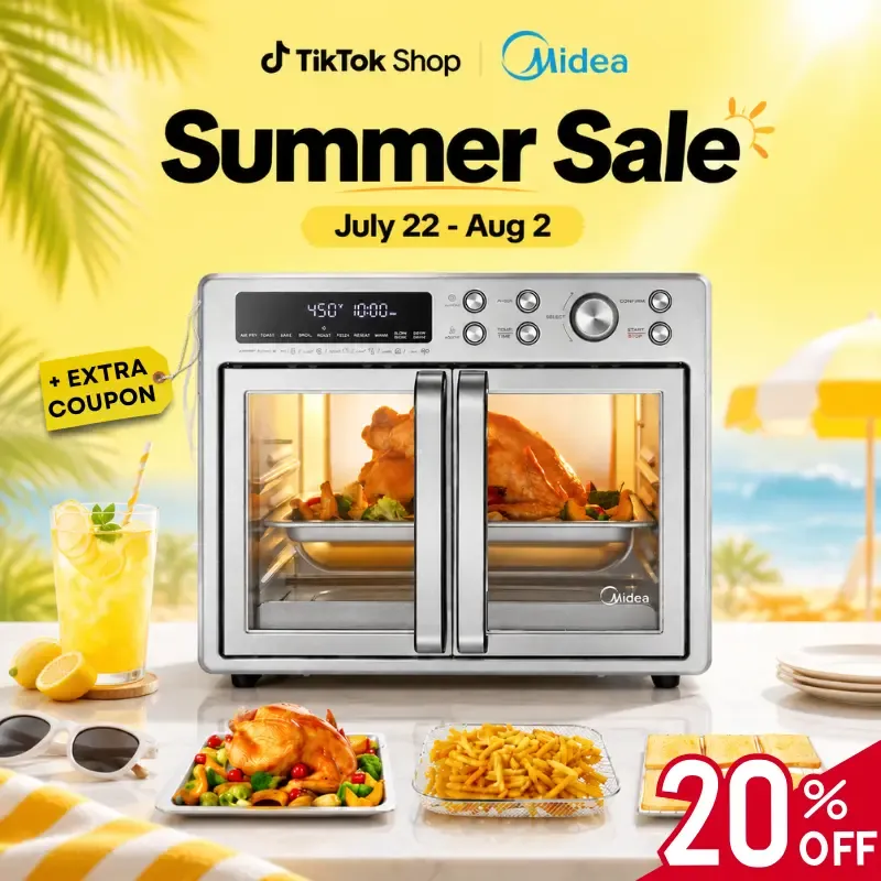 Horno tostador con freidora de aire y puerta francesa Midea Flexify de 26.4 cuartos de galón, horno freidora de aire extragrande de encimera 10 en 1, cocción un 25 % más rápida y un 90 % menos de aceite, ventilador de convección de diseño elegante, regalo