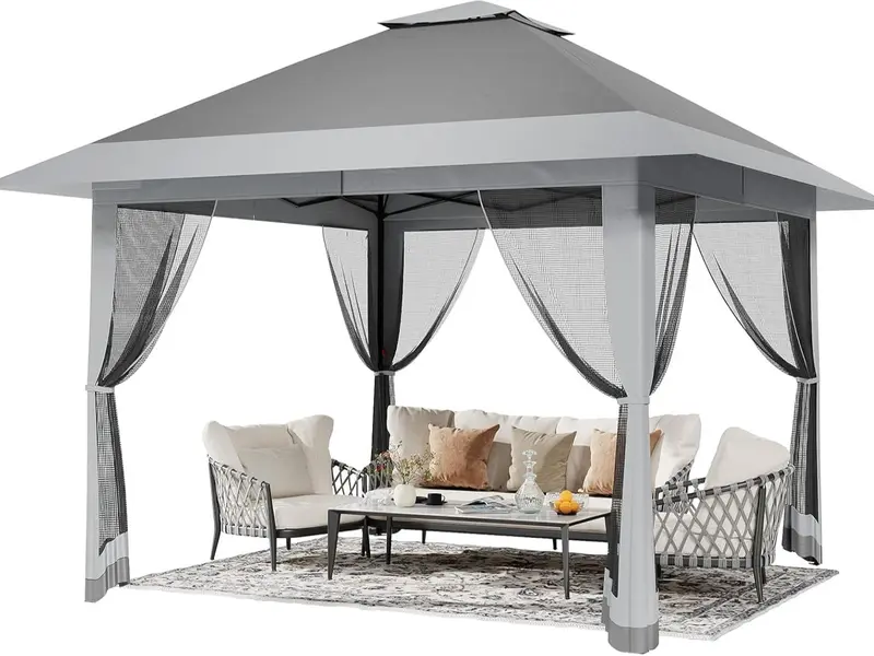Carpa plegable Garvee de 13x13 pies con estructura metálica, sombrilla exterior de acero para lluvia y sol con malla, techo de doble ventilación, altura ajustable, fácil montaje, refugio impermeable para el patio trasero, toldo y estructura de sombra mode