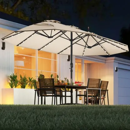【Luces LED solares】Sombrilla grande de patio COSTWAY de 4,5 m, sombrilla doble extragrande para exteriores con base, 36 luces LED y manivela para jardín, terraza, piscina, patio, decoración del 4 de julio, regalo para papá