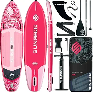 Tabla de paddle surf inflable Suncorp de 3,55 m x 89 cm, paquete de 2 (rosa y azul) – Tablas de paddle surf premium, capacidad de 204 kg, kit completo, mochila de 100 L y bomba de doble acción.