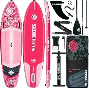 Tabla de paddle surf inflable Suncorp de 3,55 m x 89 cm, paquete de 2 (rosa y azul) – Tablas de paddle surf premium, capacidad de 204 kg, kit completo, mochila de 100 L y bomba de doble acción.