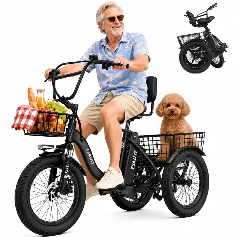 Bicicleta de carga ESKUTE para adultos, triciclo eléctrico plegable de 3 ruedas con motor de 1200 W, neumáticos anchos, respaldo y manillar de bicicleta, bicicletas eléctricas para adultos, pedaleo/asistencia/acelerador tiktokshopbacktoschool