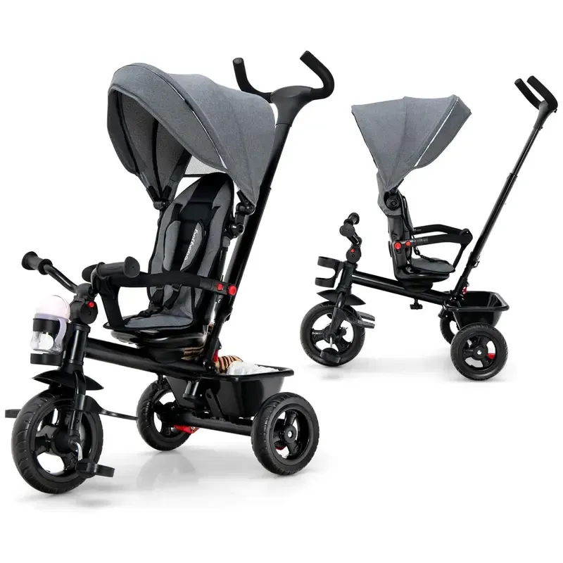 Cochecito infantil unisex 5 en 1 Costzon - Poliéster, asiento reversible, capota ajustable, ruedas de EVA, manillar extraíble de PP y acero para padres, triciclo para niños pequeños, cochecito práctico y multifuncional.