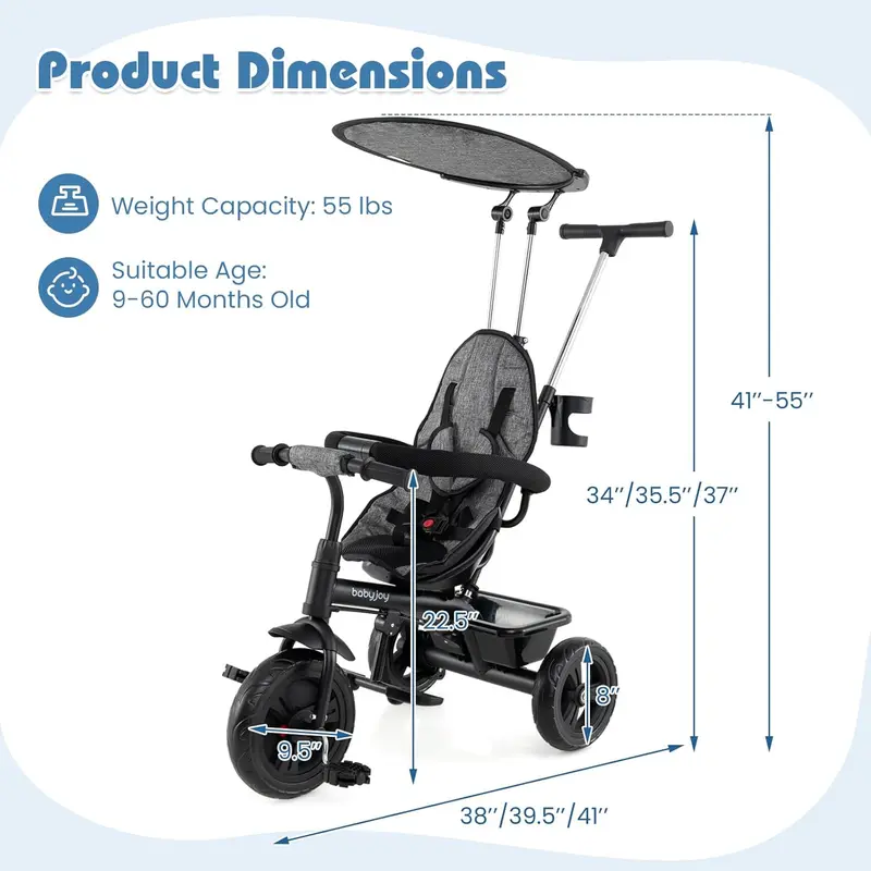Cochecito infantil unisex 5 en 1 Costzon - Poliéster, asiento reversible, capota ajustable, ruedas de EVA, manillar extraíble de PP y acero para padres, triciclo para niños pequeños, cochecito práctico y multifuncional.