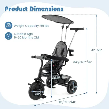 Cochecito infantil unisex 5 en 1 Costzon - Poliéster, asiento reversible, capota ajustable, ruedas de EVA, manillar extraíble de PP y acero para padres, triciclo para niños pequeños, cochecito práctico y multifuncional.