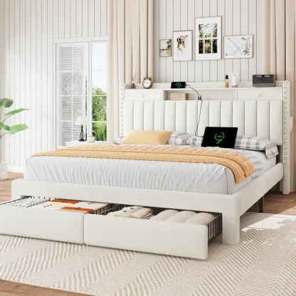 Estructura de cama TryLazy Furniture con 4 cajones y 2 puertos de carga USB y 1 puerto de carga tipo C, sin colchón, estructura de cama tapizada con cabecero con almacenamiento, no requiere somier, fácil montaje, tamaño matrimonial/queen/king.