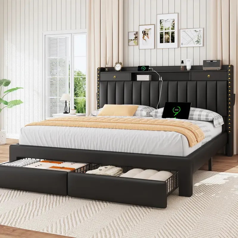 Estructura de cama TryLazy Furniture con 4 cajones y 2 puertos de carga USB y 1 puerto de carga tipo C, sin colchón, estructura de cama tapizada con cabecero con almacenamiento, no requiere somier, fácil montaje, tamaño matrimonial/queen/king.