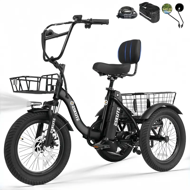 Bicicleta de carga ESKUTE para adultos, triciclo eléctrico plegable de 3 ruedas con motor de 1200 W, neumáticos anchos, respaldo y manillar de bicicleta, bicicletas eléctricas para adultos, pedaleo/asistencia/acelerador tiktokshopbacktoschool