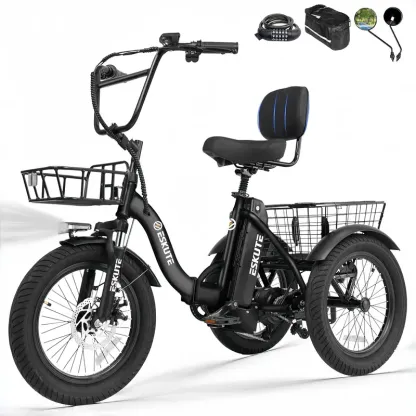 Bicicleta de carga ESKUTE para adultos, triciclo eléctrico plegable de 3 ruedas con motor de 1200 W, neumáticos anchos, respaldo y manillar de bicicleta, bicicletas eléctricas para adultos, pedaleo/asistencia/acelerador tiktokshopbacktoschool