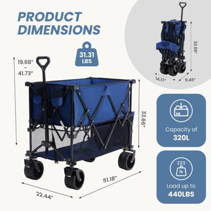 Sweetcrispy 320L Outdoor Folding Double-Decker Wagon with Brakes, 440 lbs Capacity, Flexible Handle, All-Terrain Big Wheels, Compact Pack & Foldable Size for Grocery, Camping