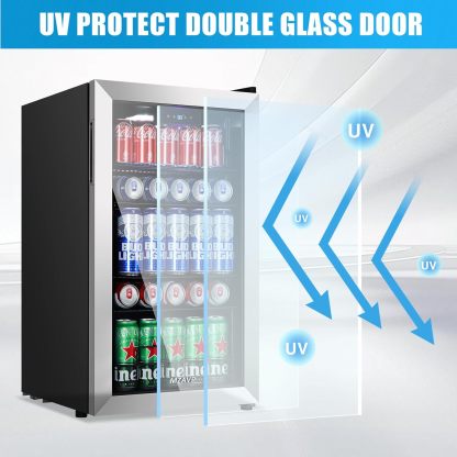 MZAVP - Refrigerador de bebidas con 120 latas, no empotrado o integrado para bebidas con puerta de vidrio, mini refrigerador de cerveza para oficina o bar, luz indicadora blanca y puerta reversible