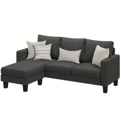 Sofá seccional convertible, sofá de 3 plazas en forma de L con tela de lino, otomana móvil Sofá pequeño para apartamentos pequeños, sala de estar y oficina (gris oscuro)