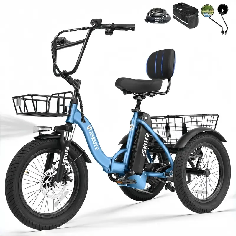 Bicicleta de carga ESKUTE para adultos, triciclo eléctrico plegable de 3 ruedas con motor de 1200 W, neumáticos anchos, respaldo y manillar de bicicleta, bicicletas eléctricas para adultos, pedaleo/asistencia/acelerador tiktokshopbacktoschool