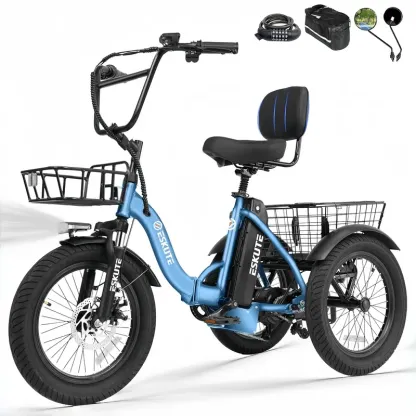 Bicicleta de carga ESKUTE para adultos, triciclo eléctrico plegable de 3 ruedas con motor de 1200 W, neumáticos anchos, respaldo y manillar de bicicleta, bicicletas eléctricas para adultos, pedaleo/asistencia/acelerador tiktokshopbacktoschool
