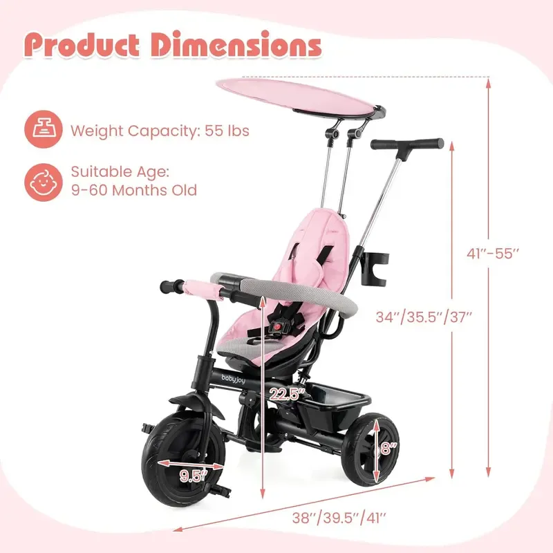 Cochecito infantil unisex 5 en 1 Costzon - Poliéster, asiento reversible, capota ajustable, ruedas de EVA, manillar extraíble de PP y acero para padres, triciclo para niños pequeños, cochecito práctico y multifuncional.
