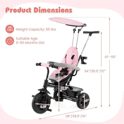 Cochecito infantil unisex 5 en 1 Costzon - Poliéster, asiento reversible, capota ajustable, ruedas de EVA, manillar extraíble de PP y acero para padres, triciclo para niños pequeños, cochecito práctico y multifuncional.