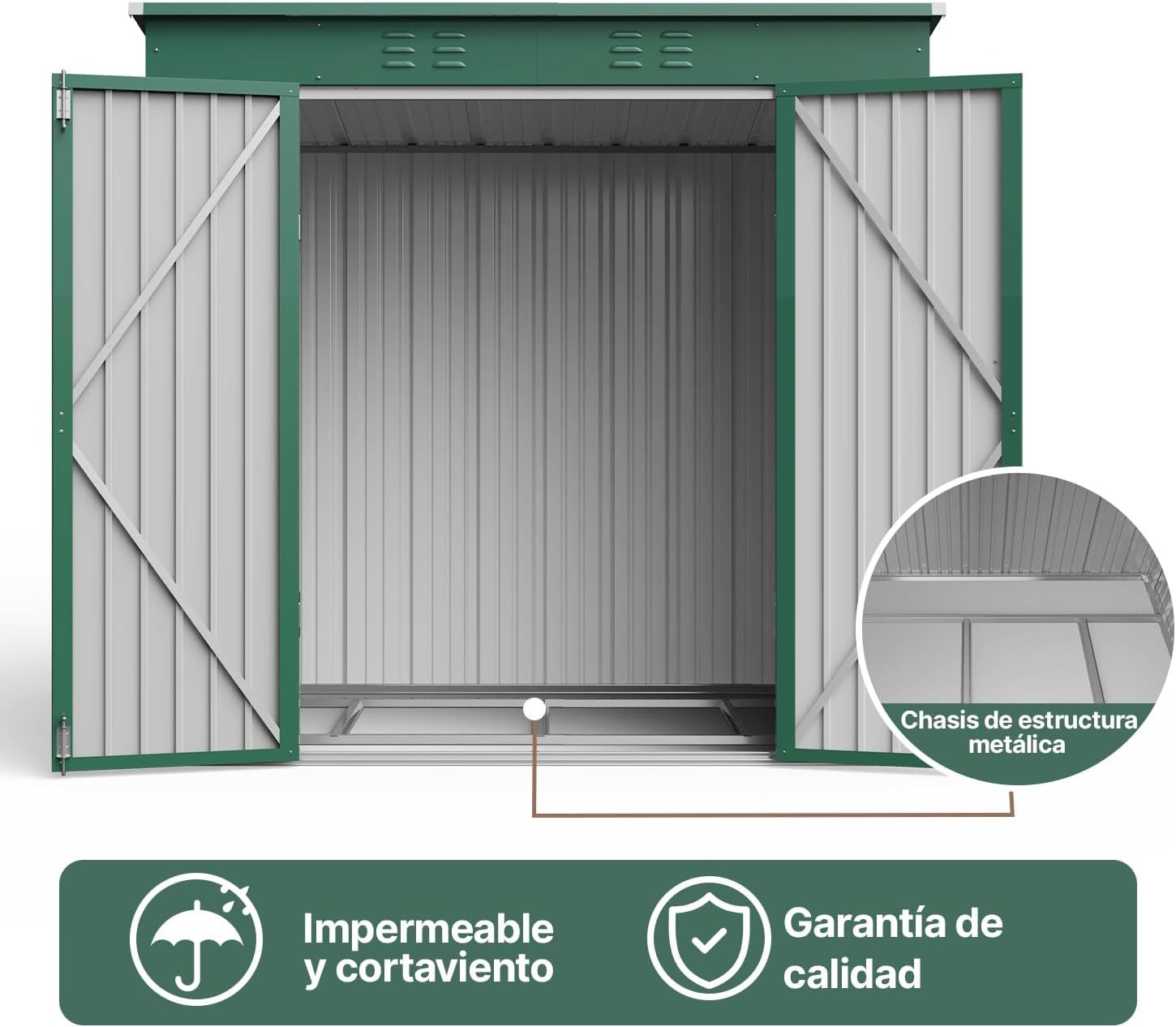 BRO A SIS Caseta de jardín metálica, 2 Puertas con Cerradura, ventilada, para Guardar Herramientas y Suministros. (Verde)