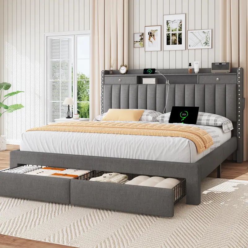 Estructura de cama TryLazy Furniture con 4 cajones y 2 puertos de carga USB y 1 puerto de carga tipo C, sin colchón, estructura de cama tapizada con cabecero con almacenamiento, no requiere somier, fácil montaje, tamaño matrimonial/queen/king.