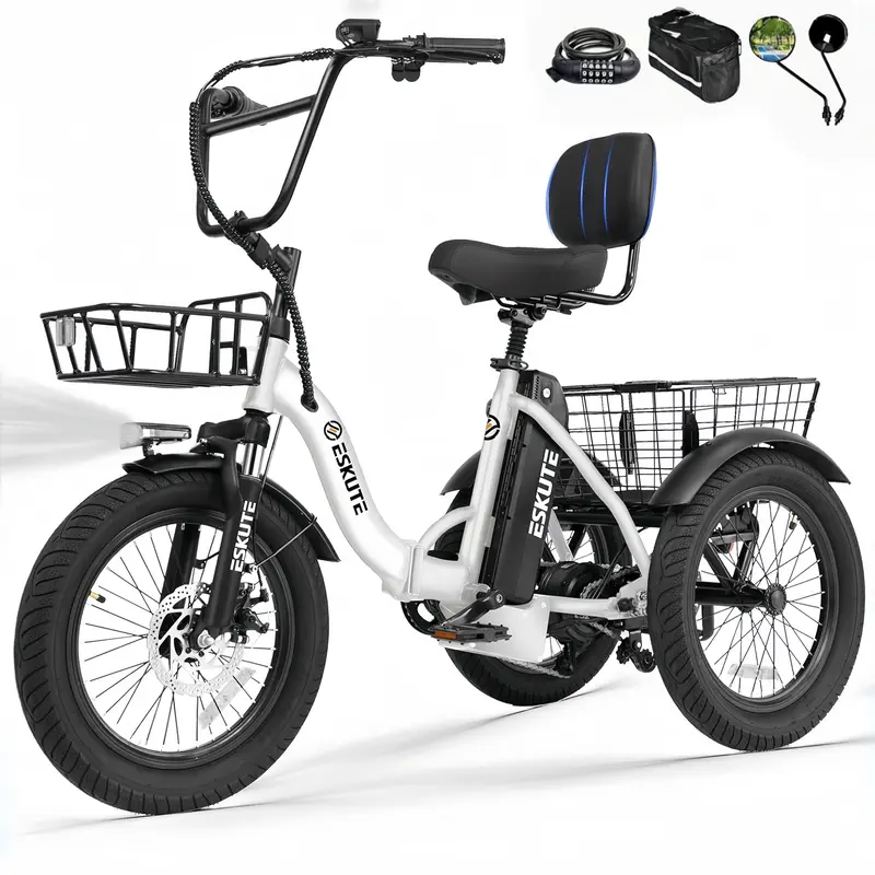 Bicicleta de carga ESKUTE para adultos, triciclo eléctrico plegable de 3 ruedas con motor de 1200 W, neumáticos anchos, respaldo y manillar de bicicleta, bicicletas eléctricas para adultos, pedaleo/asistencia/acelerador tiktokshopbacktoschool