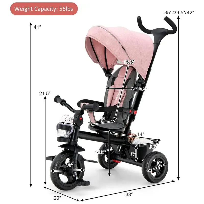 Cochecito infantil unisex 5 en 1 Costzon - Poliéster, asiento reversible, capota ajustable, ruedas de EVA, manillar extraíble de PP y acero para padres, triciclo para niños pequeños, cochecito práctico y multifuncional.