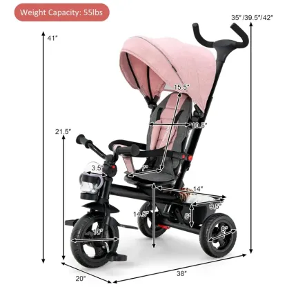 Cochecito infantil unisex 5 en 1 Costzon - Poliéster, asiento reversible, capota ajustable, ruedas de EVA, manillar extraíble de PP y acero para padres, triciclo para niños pequeños, cochecito práctico y multifuncional.