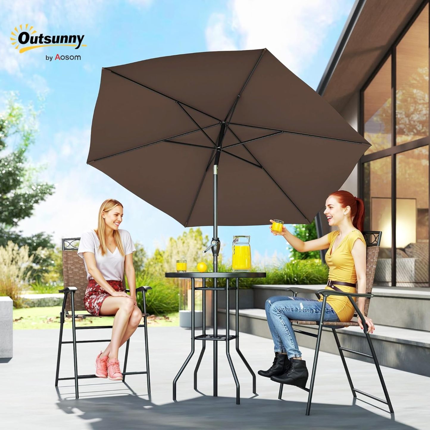 Outsunny - Juego de 4 Muebles de Comedor para Patio al Aire última intervensión, 2 sillas Plegables, Paraguas de ángulo Ajustable, Mesa de Comedor de Vidrio Templado con Textura Ondulada, Color café