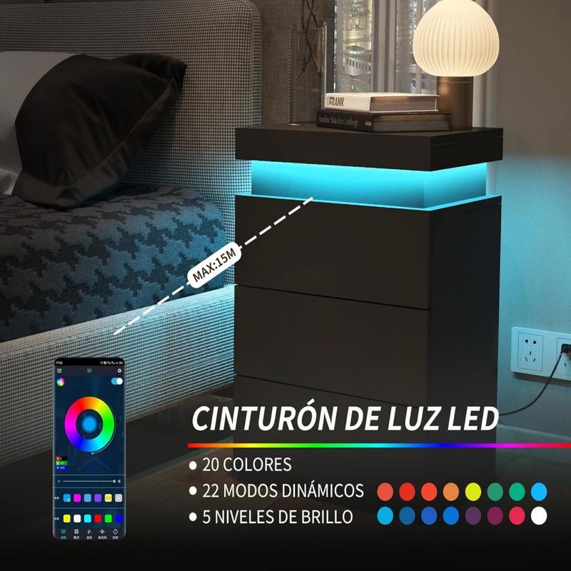 Mesita de Noche Inteligente con Luz LED Ajustable, 3 Cajones, Tapa Deslizante, Puertos USB y Tomas de Corriente, 45x35x68cm, Estación de Carga para Recámara, Negro