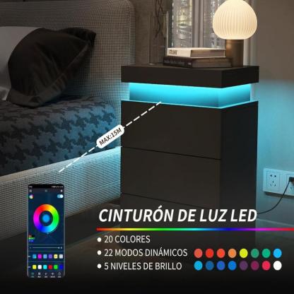Mesita de Noche Inteligente con Luz LED Ajustable, 3 Cajones, Tapa Deslizante, Puertos USB y Tomas de Corriente, 45x35x68cm, Estación de Carga para Recámara, Negro
