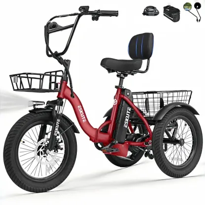 Bicicleta de carga ESKUTE para adultos, triciclo eléctrico plegable de 3 ruedas con motor de 1200 W, neumáticos anchos, respaldo y manillar de bicicleta, bicicletas eléctricas para adultos, pedaleo/asistencia/acelerador tiktokshopbacktoschool
