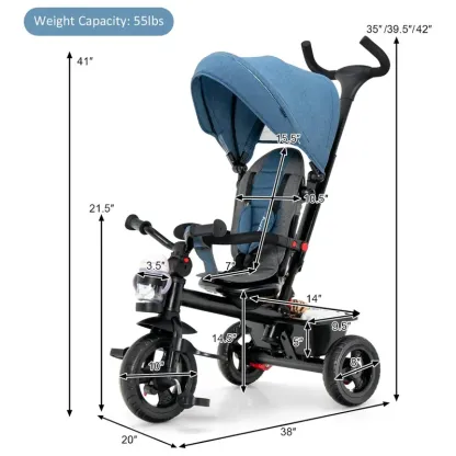 Cochecito infantil unisex 5 en 1 Costzon - Poliéster, asiento reversible, capota ajustable, ruedas de EVA, manillar extraíble de PP y acero para padres, triciclo para niños pequeños, cochecito práctico y multifuncional.