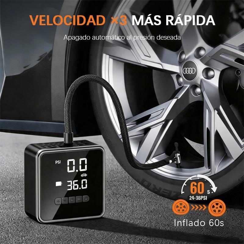 Inflador eléctrico portátil 5 en 1 con pantalla digital y función de apagado automático. Adecuado para coche, moto, bici y balón. Cuenta con batería recargable y modo power bank. Diseño ligero, inalámbrico y fácil de guardar, ideal para viajes y emergenci