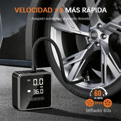 Inflador eléctrico portátil 5 en 1 con pantalla digital y función de apagado automático. Adecuado para coche, moto, bici y balón. Cuenta con batería recargable y modo power bank. Diseño ligero, inalámbrico y fácil de guardar, ideal para viajes y emergenci