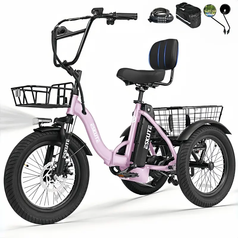 Bicicleta de carga ESKUTE para adultos, triciclo eléctrico plegable de 3 ruedas con motor de 1200 W, neumáticos anchos, respaldo y manillar de bicicleta, bicicletas eléctricas para adultos, pedaleo/asistencia/acelerador tiktokshopbacktoschool