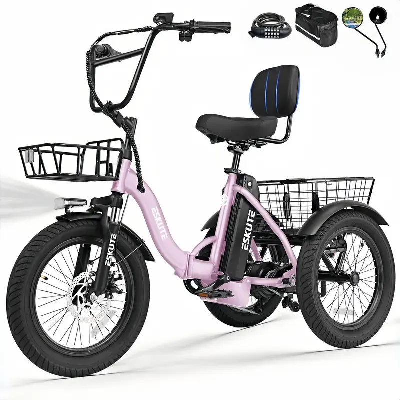 Bicicleta de carga ESKUTE para adultos, triciclo eléctrico plegable de 3 ruedas con motor de 1200 W, neumáticos anchos, respaldo y manillar de bicicleta, bicicletas eléctricas para adultos, pedaleo/asistencia/acelerador tiktokshopbacktoschool