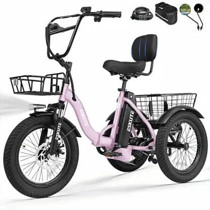 Bicicleta de carga ESKUTE para adultos, triciclo eléctrico plegable de 3 ruedas con motor de 1200 W, neumáticos anchos, respaldo y manillar de bicicleta, bicicletas eléctricas para adultos, pedaleo/asistencia/acelerador tiktokshopbacktoschool