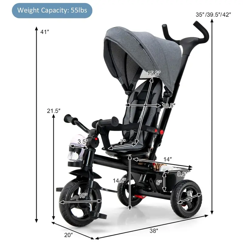 Cochecito infantil unisex 5 en 1 Costzon - Poliéster, asiento reversible, capota ajustable, ruedas de EVA, manillar extraíble de PP y acero para padres, triciclo para niños pequeños, cochecito práctico y multifuncional.