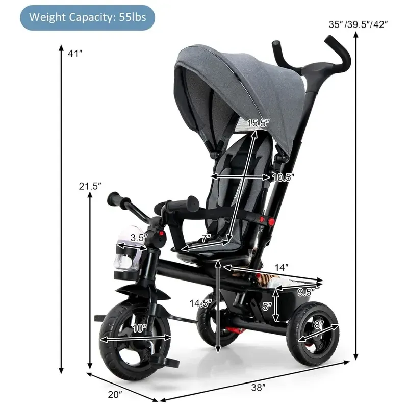 Cochecito infantil unisex 5 en 1 Costzon - Poliéster, asiento reversible, capota ajustable, ruedas de EVA, manillar extraíble de PP y acero para padres, triciclo para niños pequeños, cochecito práctico y multifuncional.