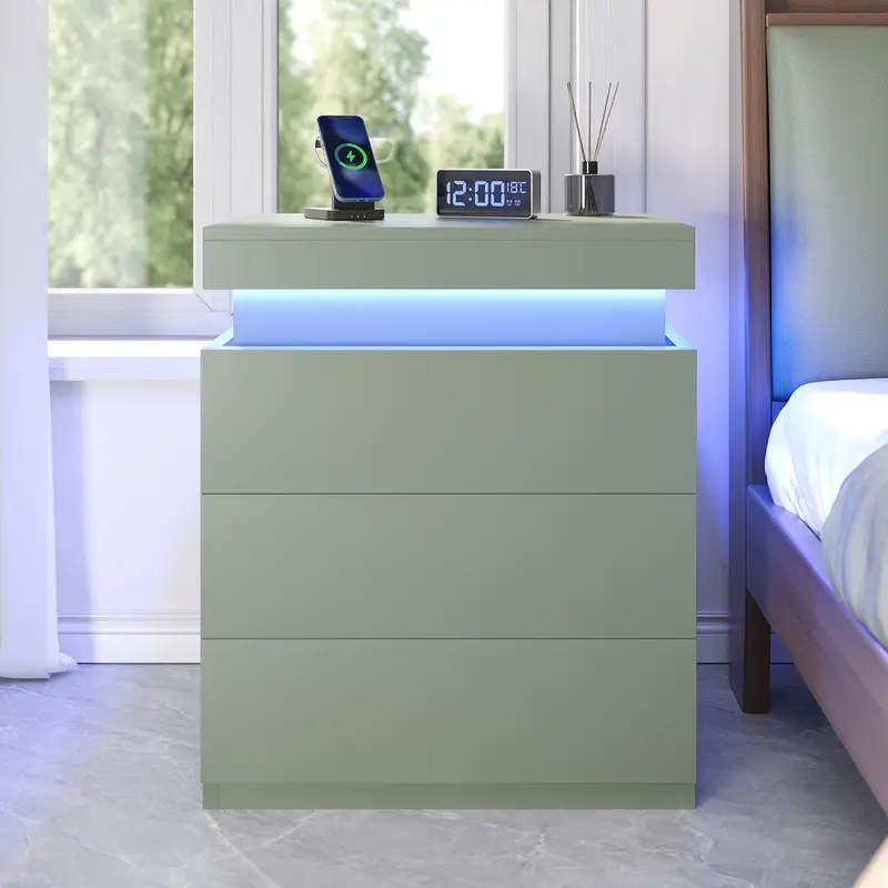 [Rebajas de verano] Mesita de noche Sikaic con estación de carga y luces LED, mesita de noche con tapa deslizante para dormitorio, mesita de noche con cajones, mesa auxiliar moderna, muebles para el hogar, artículos esenciales para residencias estudiantil